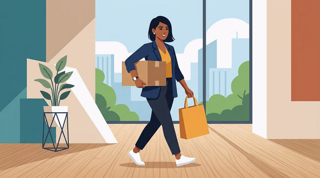 Wanita Pebisnis Membawa Kotak Kardus dan Tas Belanja Berjalan di Dalam Kantor Modern