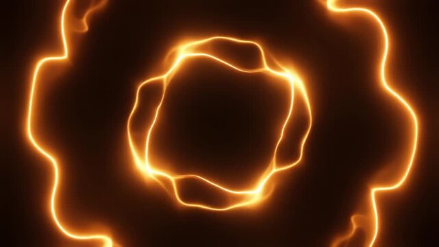 Warm-amber plasma forms loose rotating ring around dark center, luminous tendrils circulating and reshaping continuously against deep black with hypnotic futuristic energy and cinematic glow.