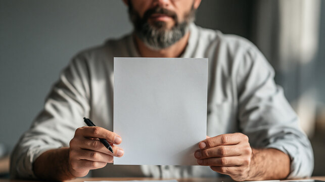 Blank Document Presentation: A middle-aged man with a beard and a pen holds up a blank white sheet of paper, inviting viewers to fill in their own narrative or message.