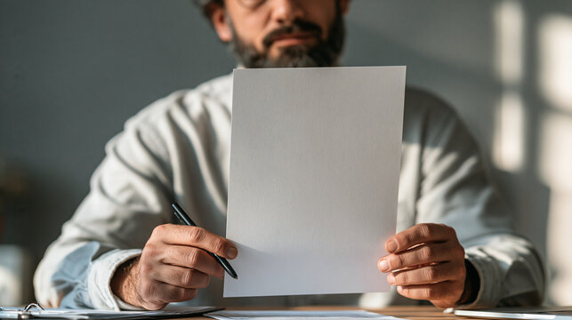 A Man Holding a Blank Paper: A man, with a beard and a thoughtful expression, holds up a blank white sheet of paper and a pen, suggesting a moment of decision or inspiration.