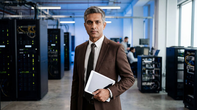 Man in brown suit holding tablet standing in server room data center technology infrastructure management