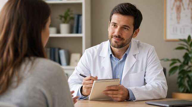Male doctor listening attentively and taking notes during patient consultation in medical office, empathetic healthcare concept