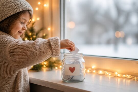 Child placing notes in jar indoors during cozy winter holiday setting with festive lights and sweater