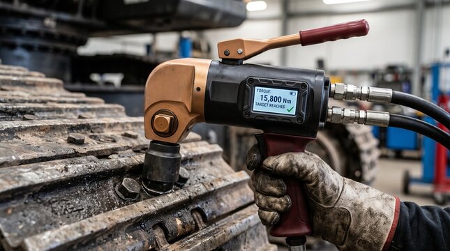 Hydraulic torque wrench tightening heavy bolts on industrial excavator tracks within a busy professional mechanical workshop