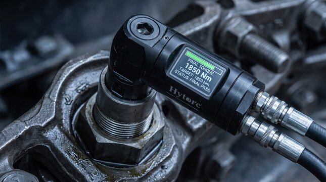 Hydraulic torque wrench tightening a heavy metal bolt with digital screen showing precise tension measurement data