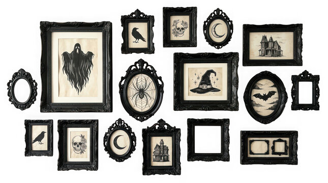 Collection of various vintage style halloween wall art frames isolated on transparent background
