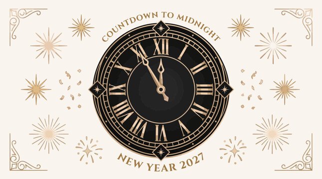 Countdown to Midnight New Year 2027 Vector. Elegant Clock Face with Roman Numerals and Gold Fireworks. Sophisticated Celebration Card Design for Holiday Invitations