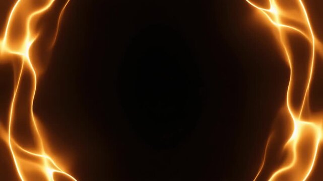 Warm-amber plasma forms loose rotating ring around dark center, luminous tendrils circulating and reshaping continuously against deep black with hypnotic futuristic energy and cinematic glow.
