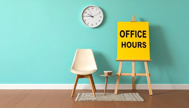 Office hours sign with chair and clock in minimalism