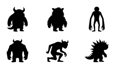 Obraz premium 70 Six Silhouette Monsters, Fantasy Creatures, Spooky Characters, Cartoon Beasts, Halloween Icons, Vector Art Collection 100