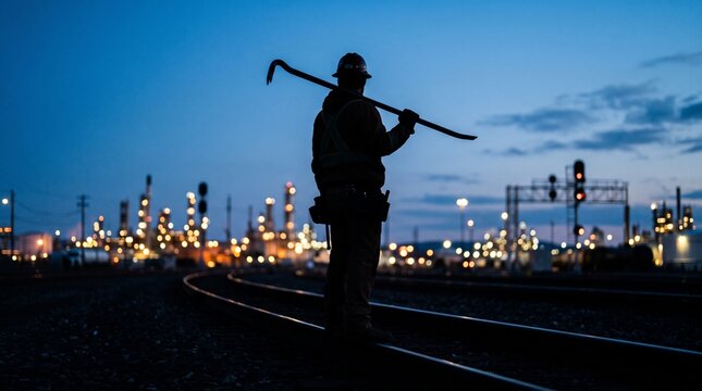Industrial railway worker standing silhouetted against glowing refinery lights at dusk while carrying heavy iron crowbar