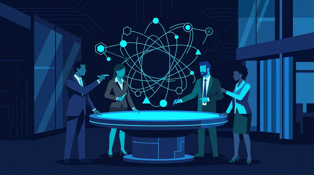Tim Bisnis Melakukan Analisis Data Menggunakan Meja Digital dan Proyeksi Atom Hologram