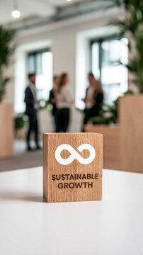 Sustainable Growth Symbol in Modern Office: A small wooden block with the infinity symbol and the words SUSTAINABLE GROWTH sits on a table in a contemporary office.