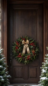 Christmas wreath on dark wooden front door in winter