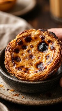 Portuguese custard tart pasteis de nata macro held over bowl in warm moody lighting