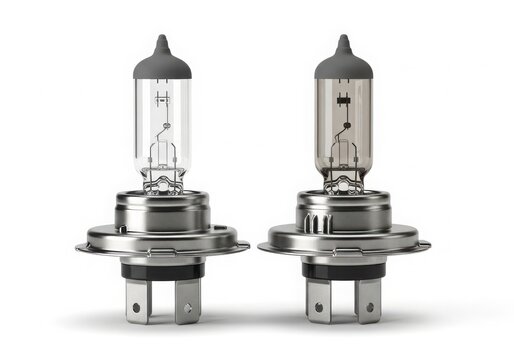 Two car headlight bulbs in metal holders isolated on white background