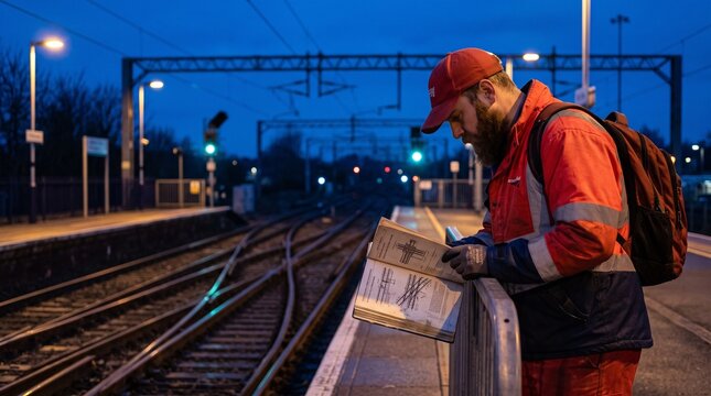 Bearded railway worker studies technical diagrams in a vintage manual while standing at a train station
