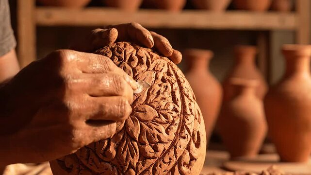 Close-up of an Indian artisan hand carving traditional floral patterns into a raw clay pot in a workshop, focusing on detailed craftsmanship and ancient heritage style.