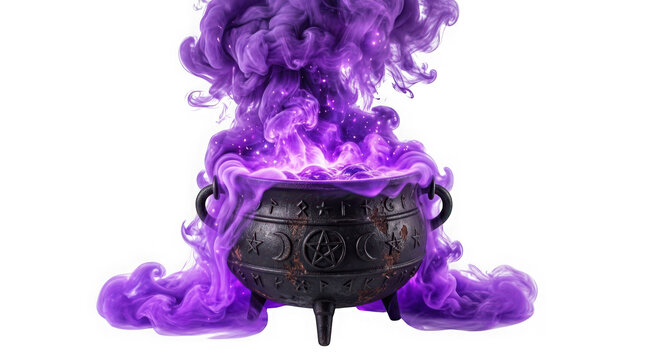 A magical black cauldron with mystical purple smoke and glowing sparkles isolated on transparent background