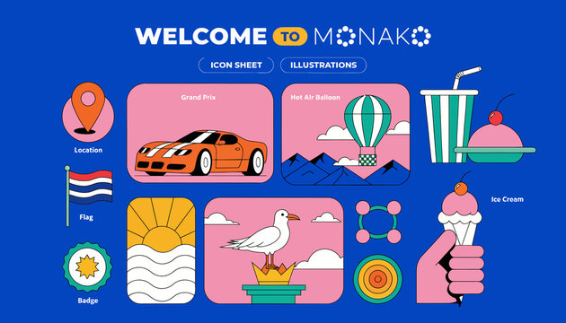Welcome to Monako: Diverse Icon Set - Car, Balloon, Ice Cream, Flag, Sunset, Seagull