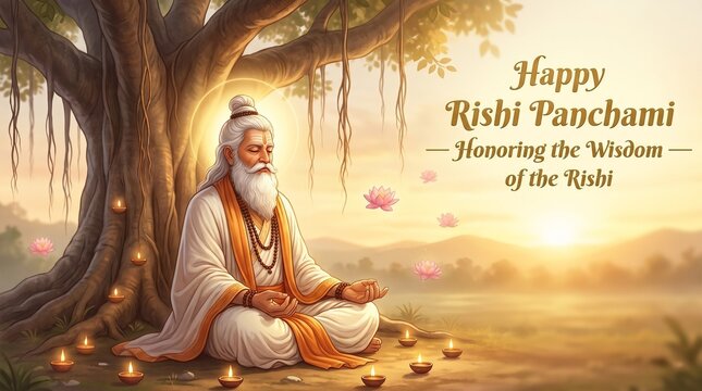 Ancient rishi meditating under a large tree during happy rishi panchami festival celebrations