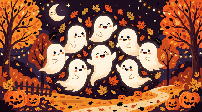 Whimsical ghosts celebrating autumn evening with pumpkins with depicts cheerful group cartoon ghosts floating above path lined pumpkins glowing stars under crescent moon