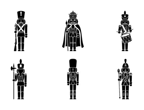 70 Set of Six Black and White Nutcracker Soldier Icons, Festive Christmas Decorations, Military Figures, Vector Graphics for Holiday Design 100