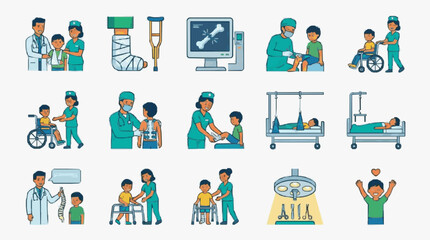 Fototapeta premium Minimalist Colorful Illustrations of Pediatric Orthopedic and Medical Care Scenarios with Doctors Nurses and Kids