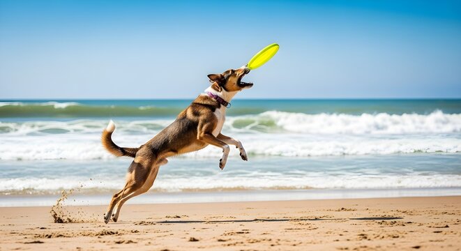 Energetic dog leaping to catch a yellow flying disc on a sandy beach at the ocean