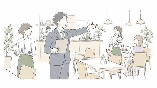 レストランの支配人がスタッフに指示を出しお客様を丁寧におもてなしする様子
