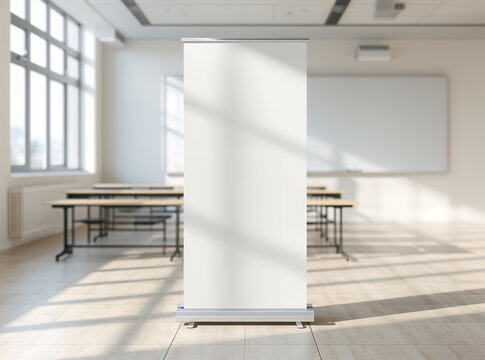 Blank white roll-up banner in a bright modern classroom or seminar room with wooden floors and natural sunlight shadows.