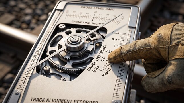 Precision railway track alignment recorder measuring gauge line inches during technical inspection on industrial railroad tracks