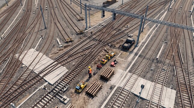 Railway worker wearing safety gear inspecting tracks at a busy industrial train station junction overhead view