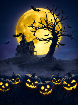 Creepy jack o lantern with moon face and carved pumpkins in dark night sky background