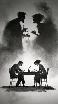 Apathy in the Atmosphere: A somber depiction of a couple seated at a table, lost in their own worlds, with shadowy, argumentative figures looming above.