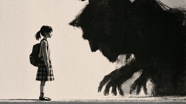 Confronting the Monster Within: A young girl, backpack on, stands bravely against the menacing shadow of a monstrous figure, symbolizing internal struggles or fears.