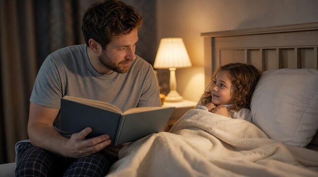 Father reading bedtime storybook to young daughter tucked in bed at night, cozy parenting concept
