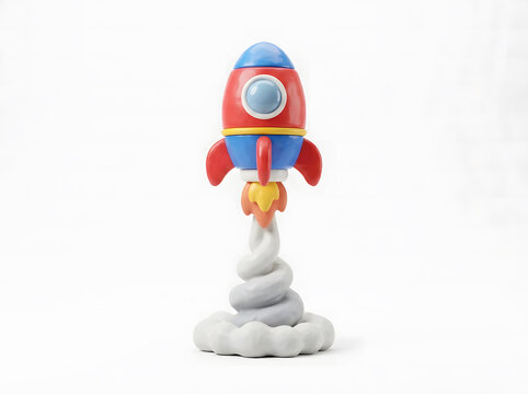 3D render of a toy rocket ship taking off representing business startup and fast growth