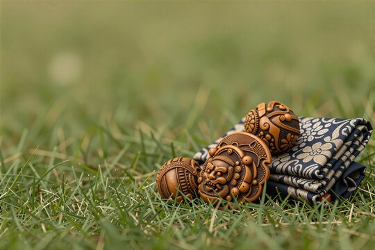 Netsuke and silk fabric composition on grassy meadow