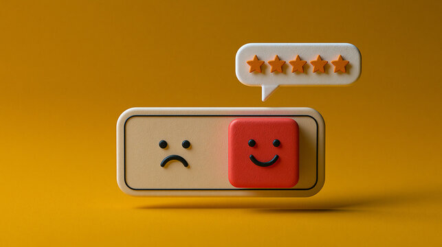 Customer Feedback Meter: A 3D render illustrates a customer satisfaction meter with a progression from a sad face to a happy face, accompanied by a speech bubble displaying five golden stars.