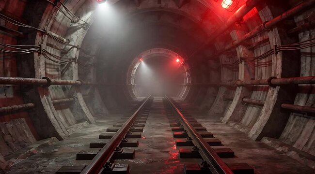 Industrial subway tunnel with red warning lights and railway tracks, atmospheric underground passage, moody dark concrete infrastructure