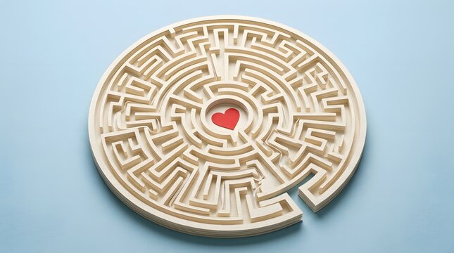 World mental health day a wooden circular maze puzzle with a red heart in the center, symbolizing the search for love, relationships, and emotional challenges