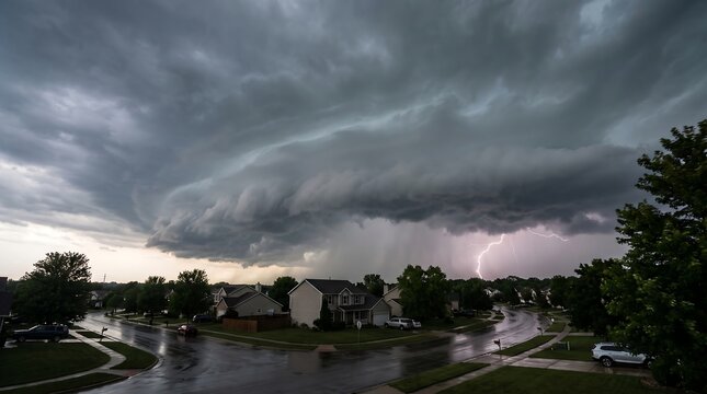 Ominous Shelf Cloud and Lightning Strike Over Suburban Neighborhood