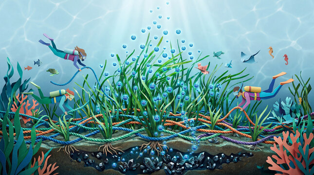 Underwater divers installing seagrass with ropes and co2 bubbles for ocean carbon capture and marine ecosystem restoration