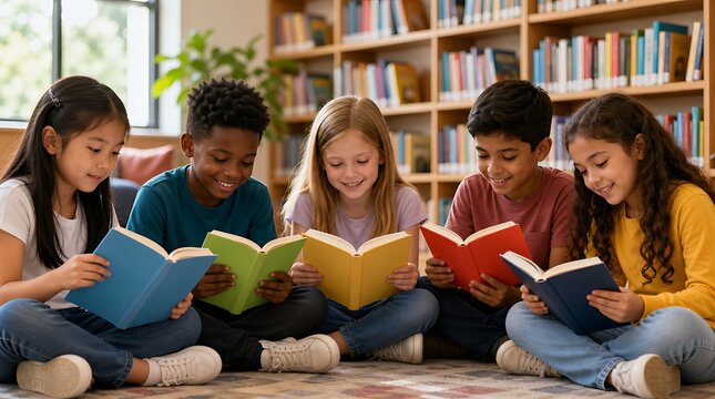 Group of young students sitting together reading open books in bright library room, childhood education concept
