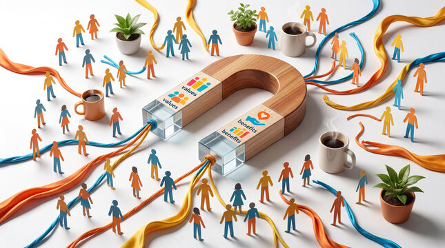 Wooden magnet attracting diverse paper people with ribbons labeled values and benefits for corporate culture and employee engagement
