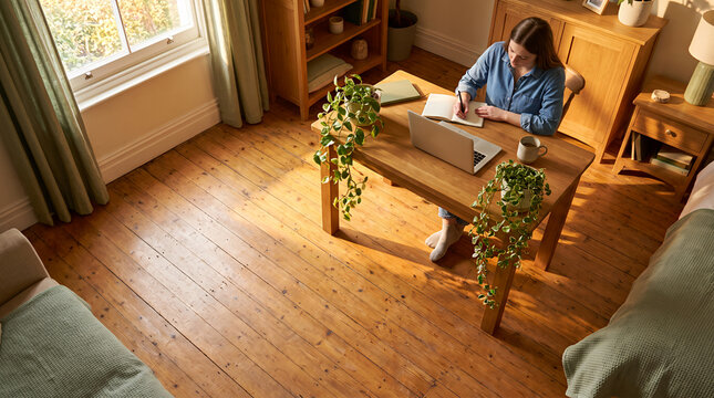Woman in denim shirt writing at wooden desk with plants and laptop