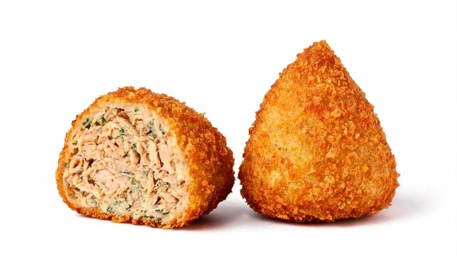 A crispy, deep-fried chicken coxinha sits on a black paper towel against a black background