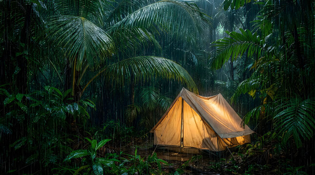 Glowing yellow camping tent set up in the middle of a dark tropical jungle at night