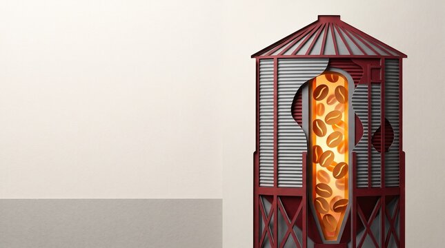 A conceptual illustration of a grain silo filled with roasted coffee beans inside.